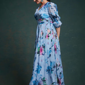 Blue Organza Dress with Stylish Prints – Ready to Wear