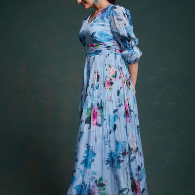 Blue Organza Dress with Stylish Prints – Ready to Wear