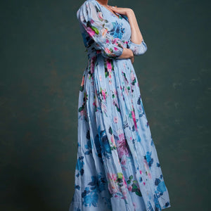 Blue Organza Dress with Stylish Prints – Ready to Wear