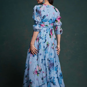 Blue Organza Dress with Stylish Prints – Ready to Wear