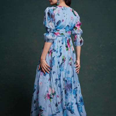Blue Organza Dress with Stylish Prints – Ready to Wear