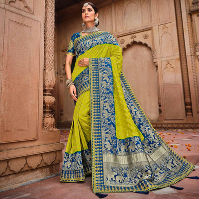 Blue-Parrot Green Festive Wear Woven With Zari & Diamond Work Banarasi Silk Saree