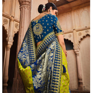 Blue-Parrot Green Festive Wear Woven With Zari & Diamond Work Banarasi Silk Saree