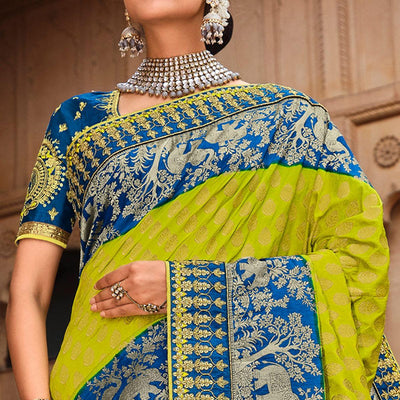 Blue-Parrot Green Festive Wear Woven With Zari & Diamond Work Banarasi Silk Saree