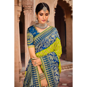 Blue-Parrot Green Festive Wear Woven With Zari & Diamond Work Banarasi Silk Saree