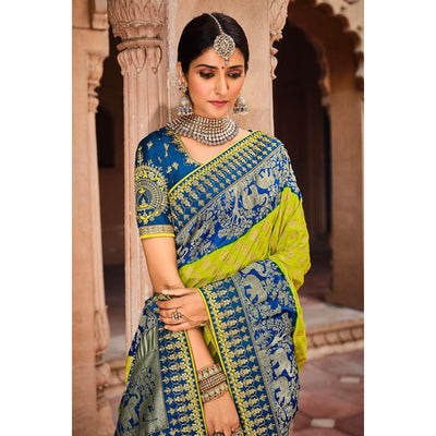 Blue-Parrot Green Festive Wear Woven With Zari & Diamond Work Banarasi Silk Saree