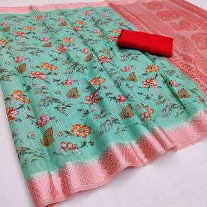 Blue-Peach Festive Wear Floral Digital Printed With Woven Border Soft Cotton Saree