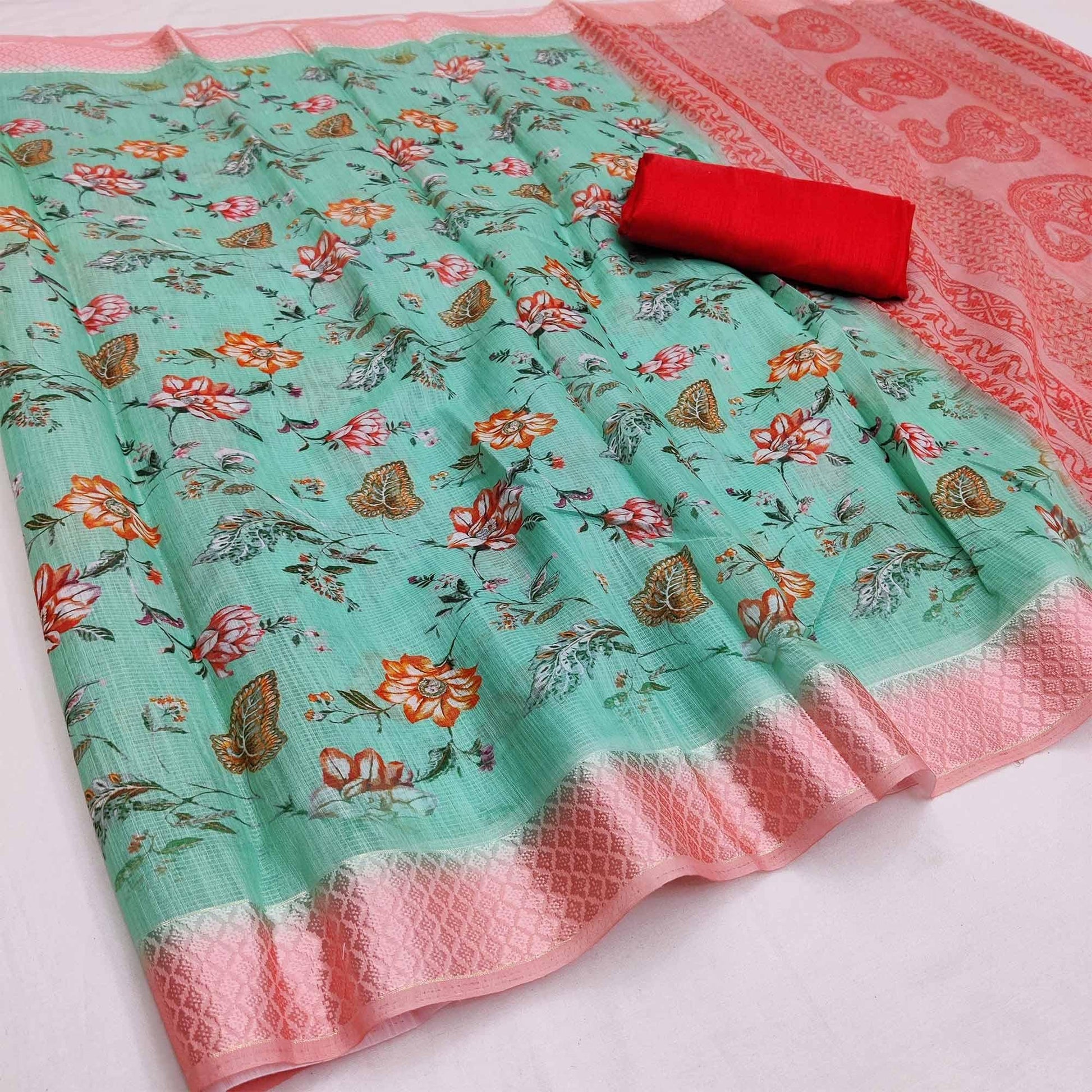 Blue-Peach Festive Wear Floral Digital Printed With Woven Border Soft Cotton Saree