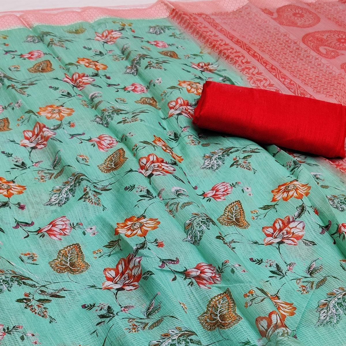 Blue-Peach Festive Wear Floral Digital Printed With Woven Border Soft Cotton Saree