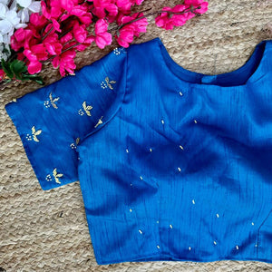 Blue Pearl-Embellished german silk Blouse with Handcrafted Golden Work