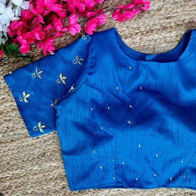 Blue Pearl-Embellished german silk Blouse with Handcrafted Golden Work