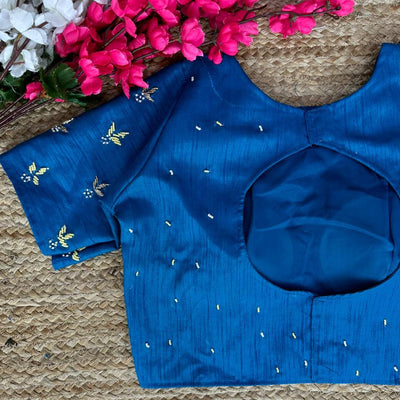 Blue Pearl-Embellished german silk Blouse with Handcrafted Golden Work