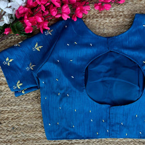 Blue Pearl-Embellished german silk Blouse with Handcrafted Golden Work