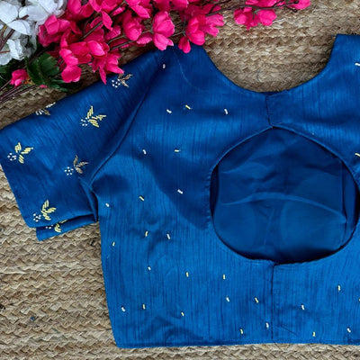 Blue Pearl-Embellished german silk Blouse with Handcrafted Golden Work