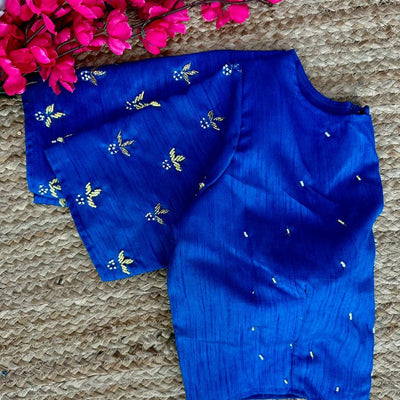 Blue Pearl-Embellished german silk Blouse with Handcrafted Golden Work