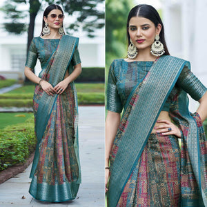 Blue-Pink Digital Printed Linen Saree