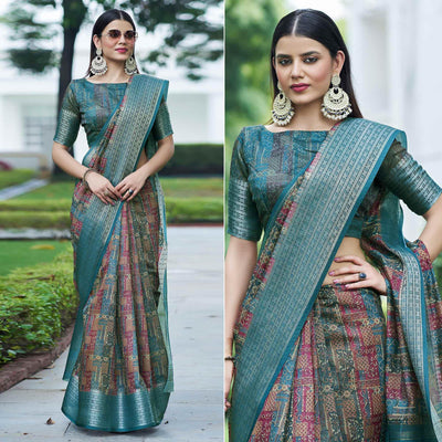 Blue-Pink Digital Printed Linen Saree