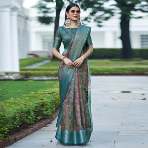 Blue-Pink Digital Printed Linen Saree