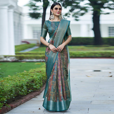 Blue-Pink Digital Printed Linen Saree