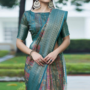 Blue-Pink Digital Printed Linen Saree