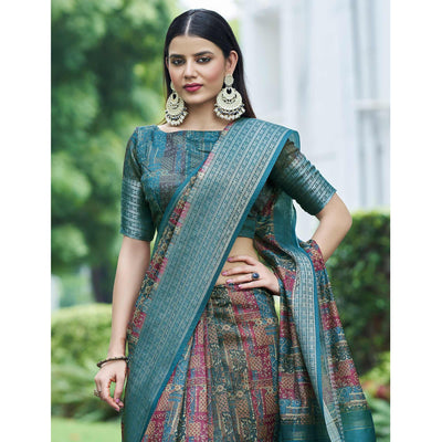 Blue-Pink Digital Printed Linen Saree