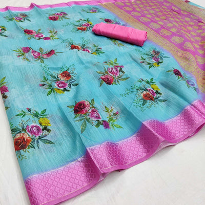 Blue-Pink Festive Wear Floral Digital Printed With Woven Border Soft Cotton Saree
