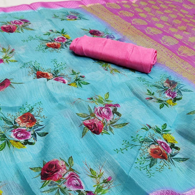 Blue-Pink Festive Wear Floral Digital Printed With Woven Border Soft Cotton Saree