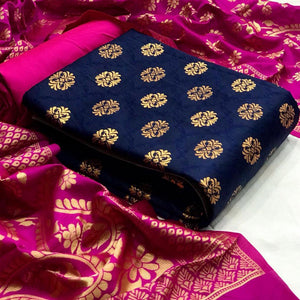 Blue-Pink Festive Wear Woven Banarasi Silk Dress Material