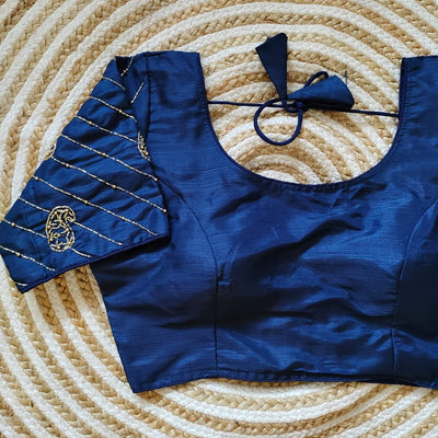 Blue Pure Silk Blouse with Handcrafted Sleeves and Back Opening