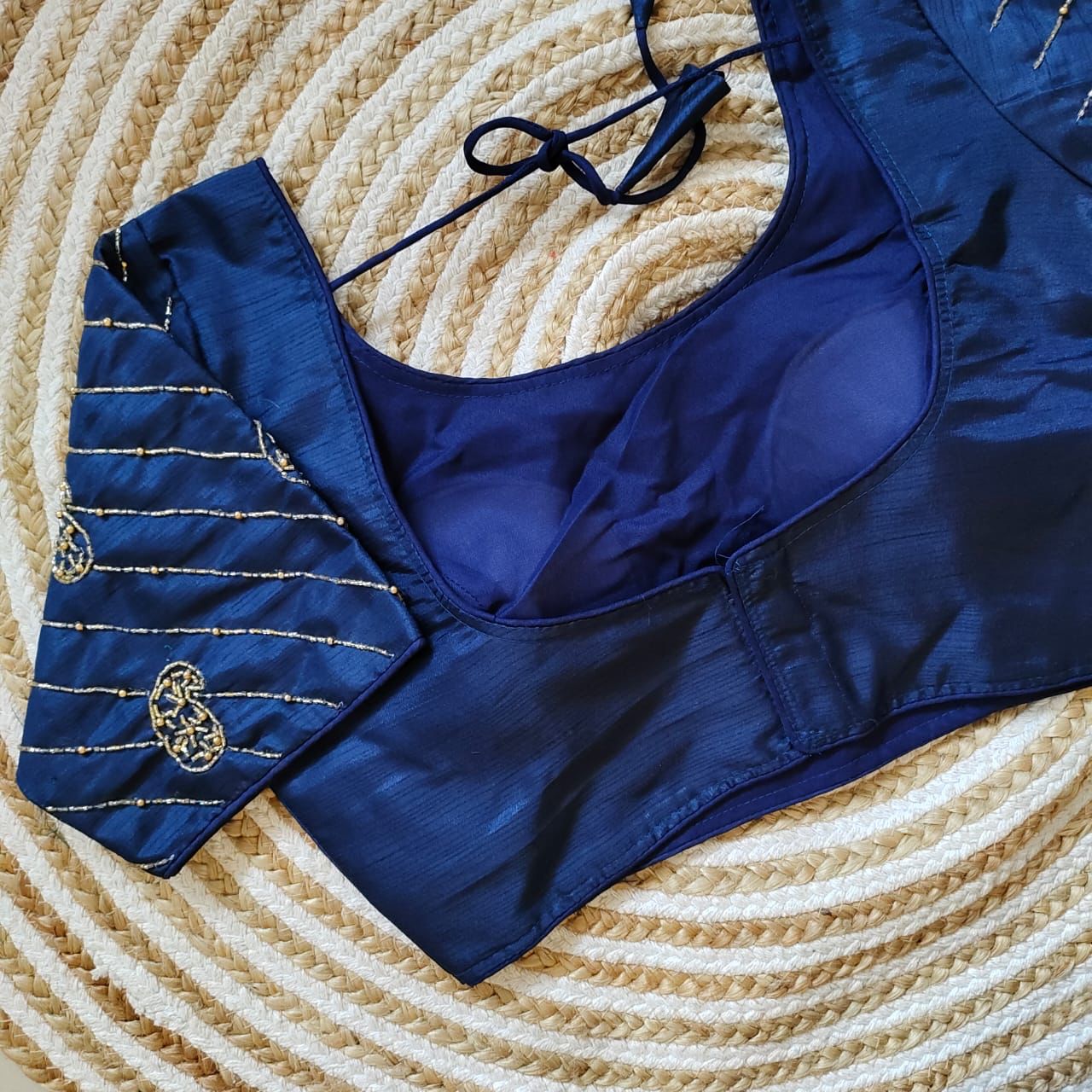 Blue Pure Silk Blouse with Handcrafted Sleeves and Back Opening