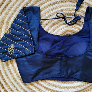Blue Pure Silk Blouse with Handcrafted Sleeves and Back Opening