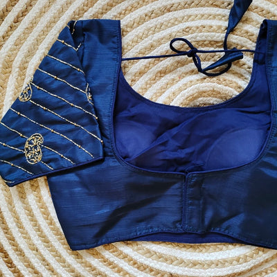 Blue Pure Silk Blouse with Handcrafted Sleeves and Back Opening