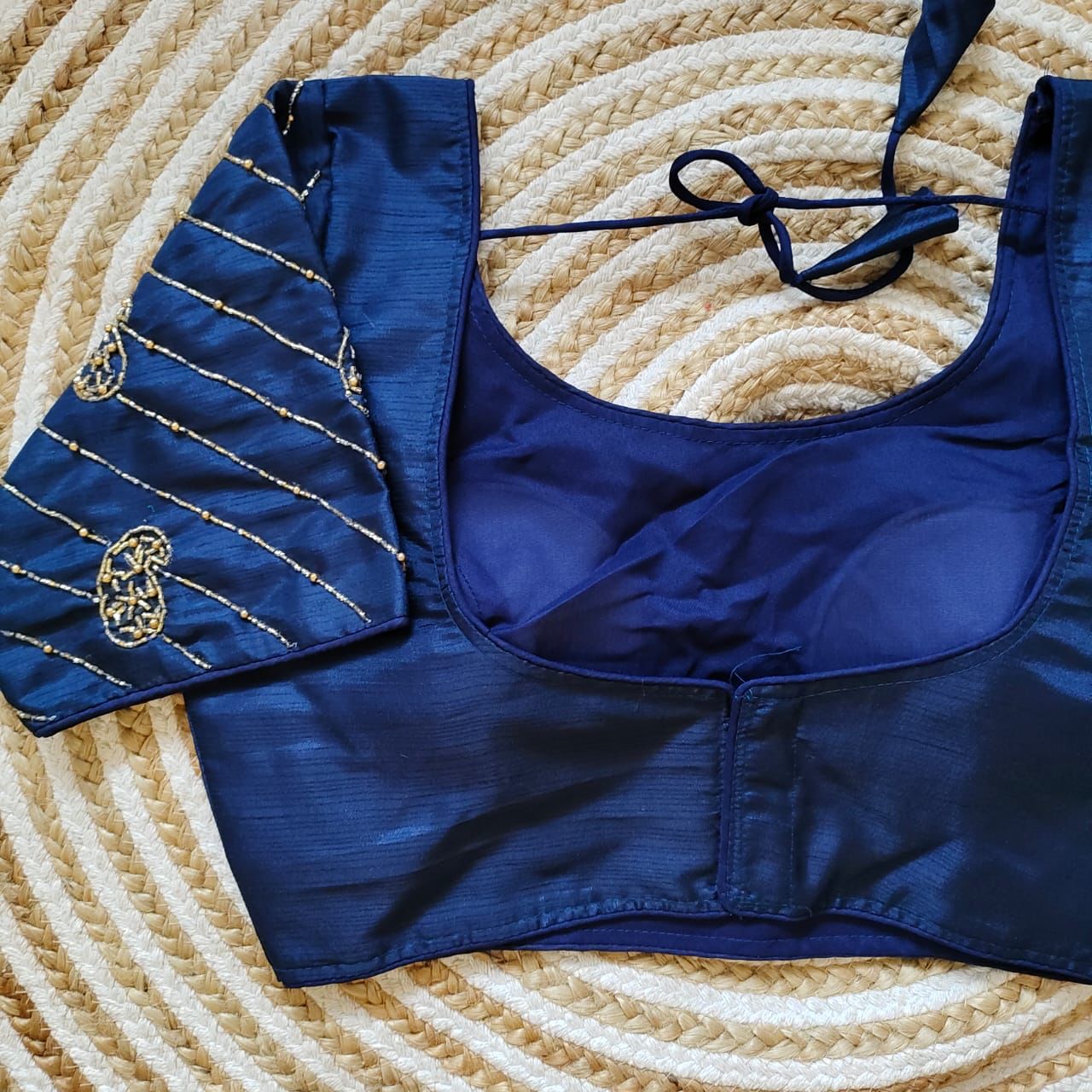 Blue Pure Silk Blouse with Handcrafted Sleeves and Back Opening