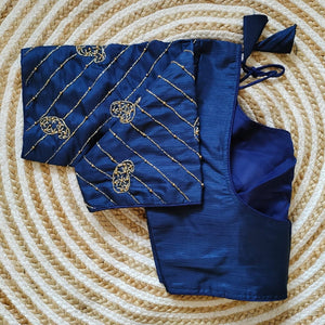 Blue Pure Silk Blouse with Handcrafted Sleeves and Back Opening