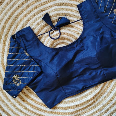 Blue Pure Silk Blouse with Handcrafted Sleeves and Back Opening