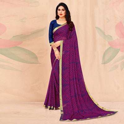 Blue-Purple Geometric Printed Chiffon Saree
