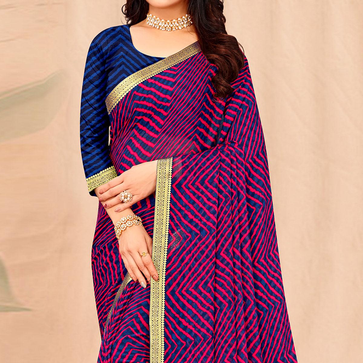 Blue-Purple Geometric Printed Chiffon Saree
