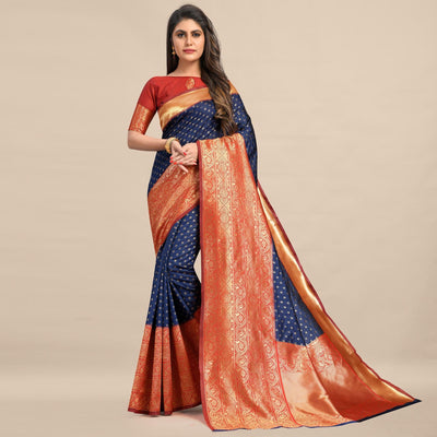 Blue-Red Festive Wear Rich Woven Border Soft Banarasi Silk Saree