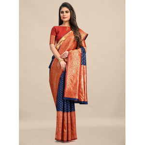 Blue-Red Festive Wear Rich Woven Border Soft Banarasi Silk Saree