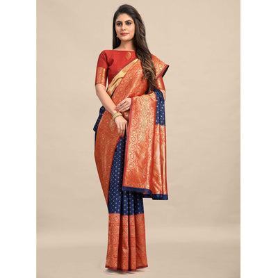 Blue-Red Festive Wear Rich Woven Border Soft Banarasi Silk Saree