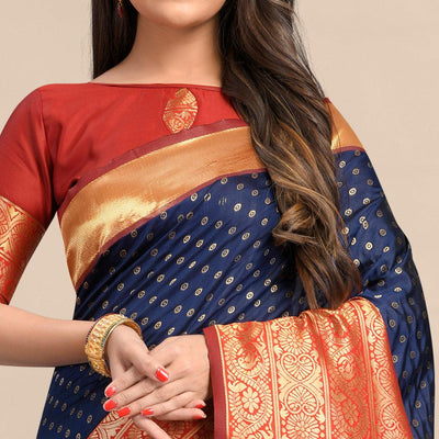 Blue-Red Festive Wear Rich Woven Border Soft Banarasi Silk Saree