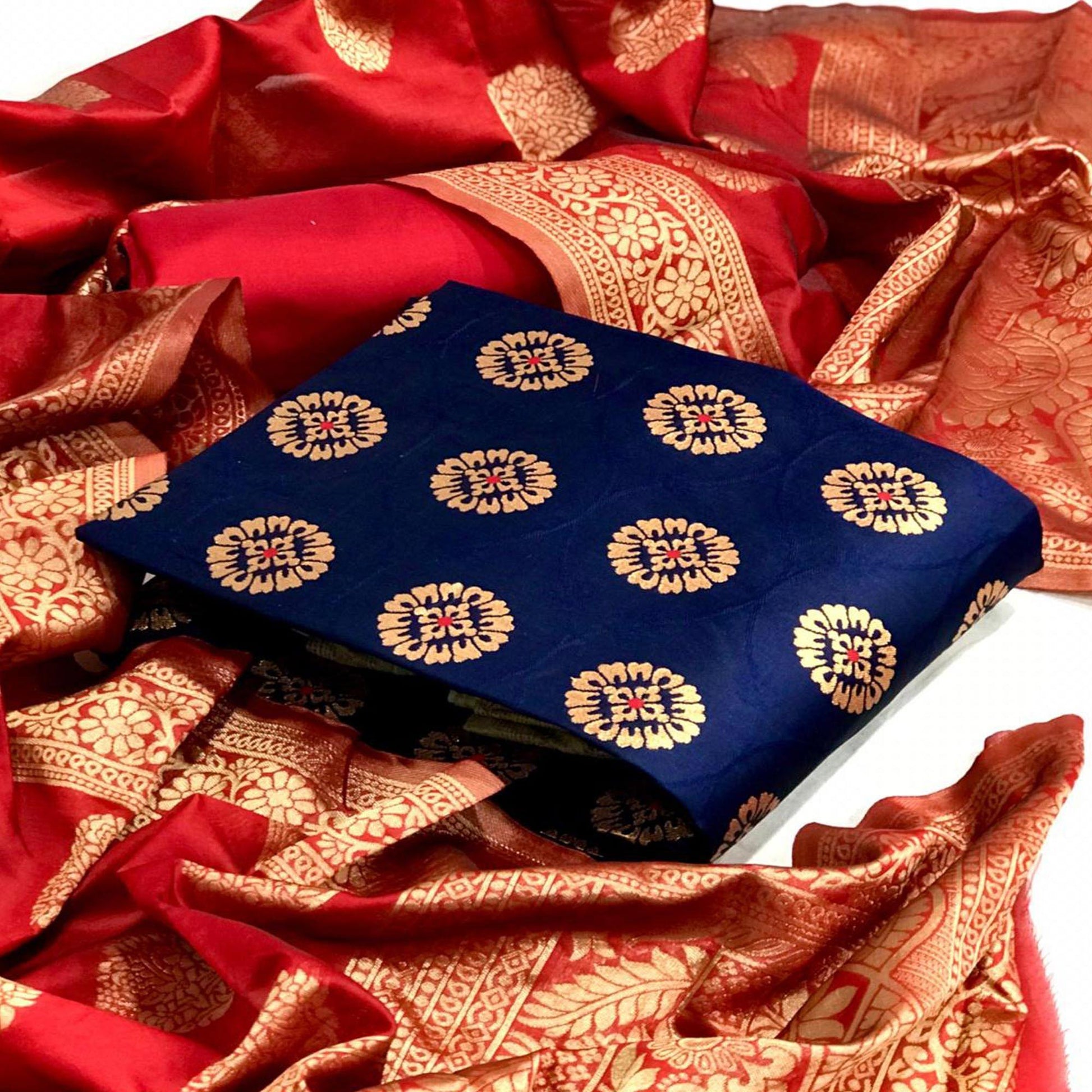 Blue-Red Festive Wear Woven Banarasi Silk Dress Material