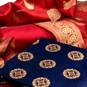 Blue-Red Festive Wear Woven Banarasi Silk Dress Material