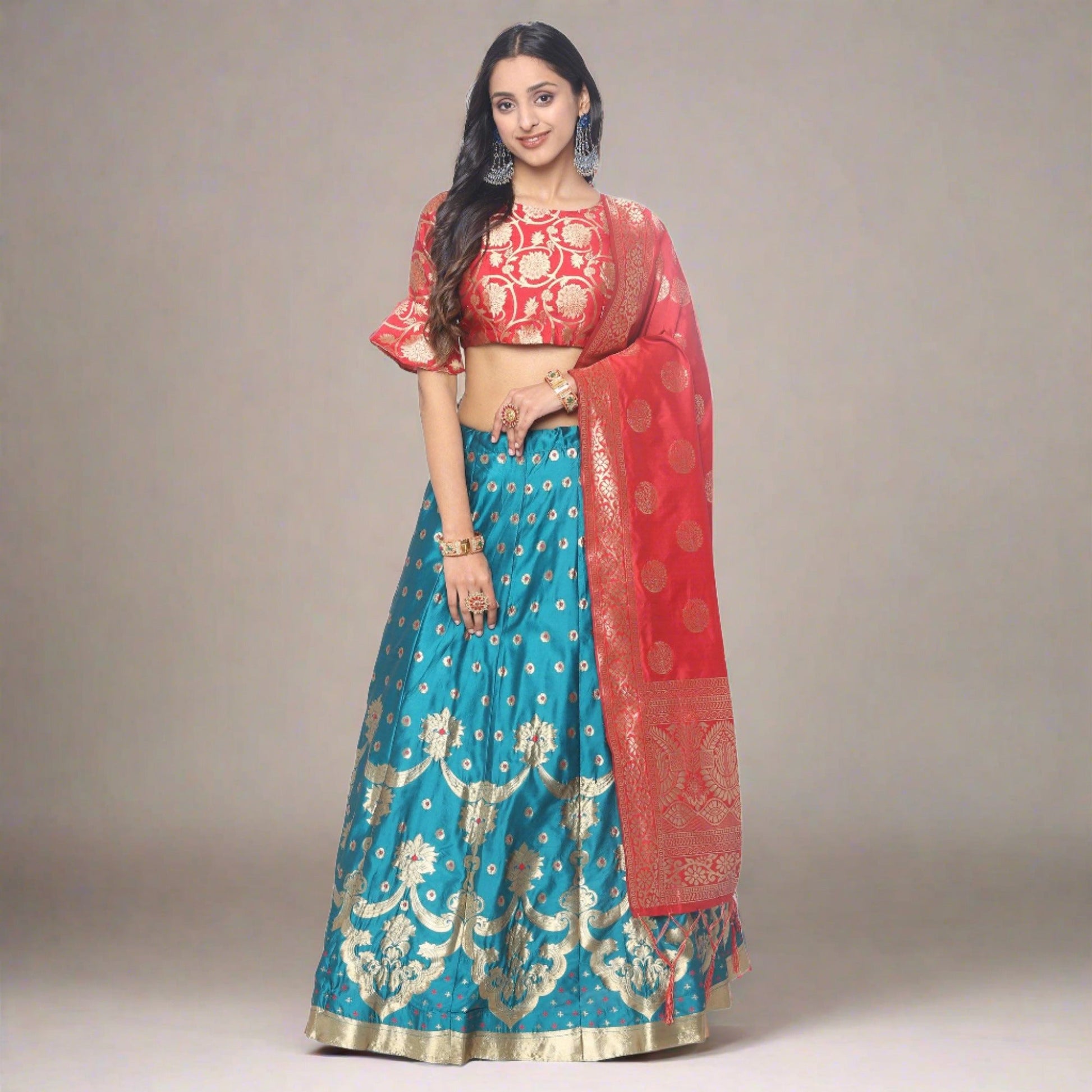 Blue-Red Festive Wear Woven Jacquard Lehenga Choli
