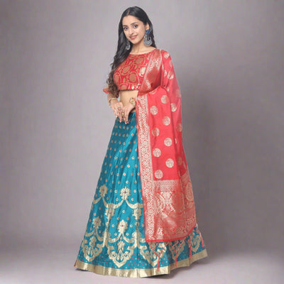 Blue-Red Festive Wear Woven Jacquard Lehenga Choli