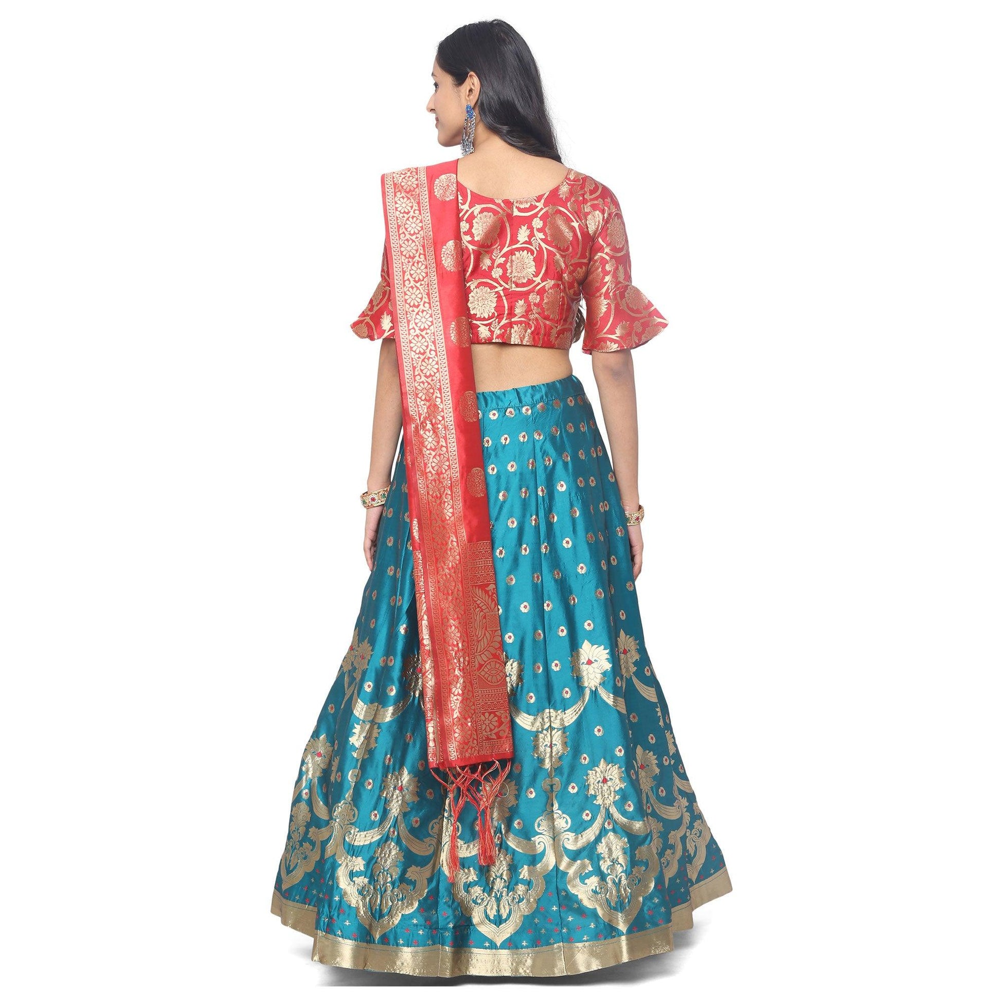 Blue-Red Festive Wear Woven Jacquard Lehenga Choli