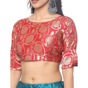 Blue-Red Festive Wear Woven Jacquard Lehenga Choli