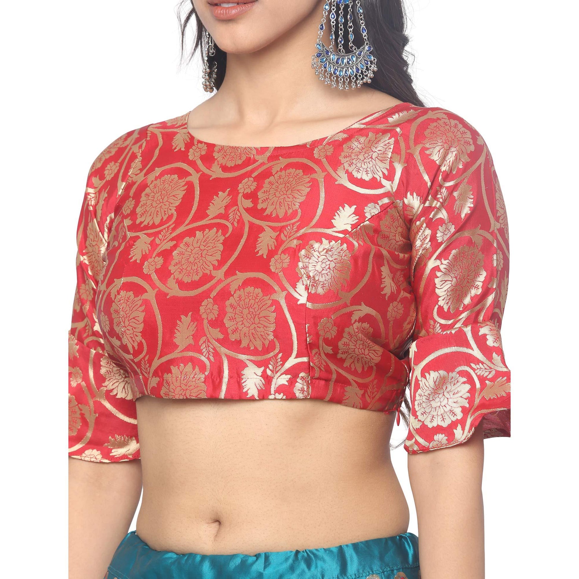 Blue-Red Festive Wear Woven Jacquard Lehenga Choli