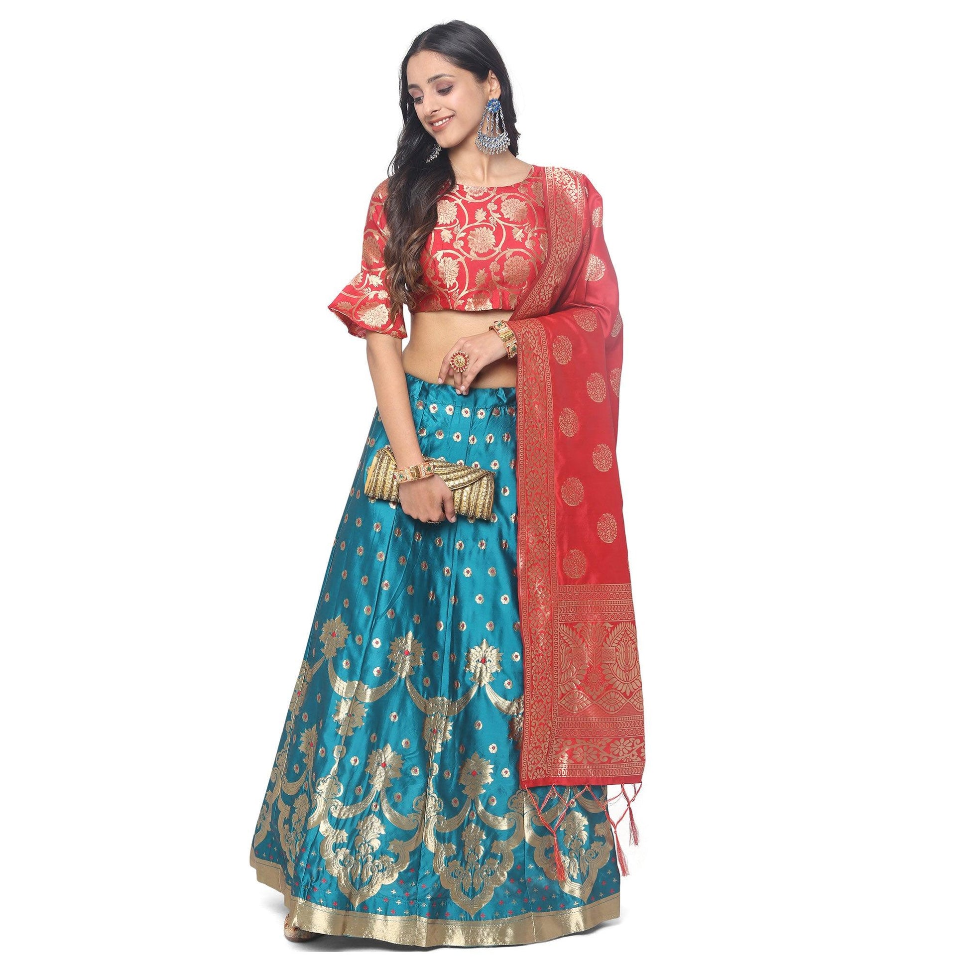 Blue-Red Festive Wear Woven Jacquard Lehenga Choli