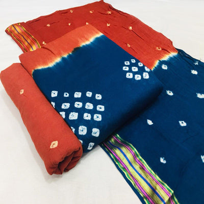 Blue-Rust Bandhani Printed Cotton Blend Dress Material